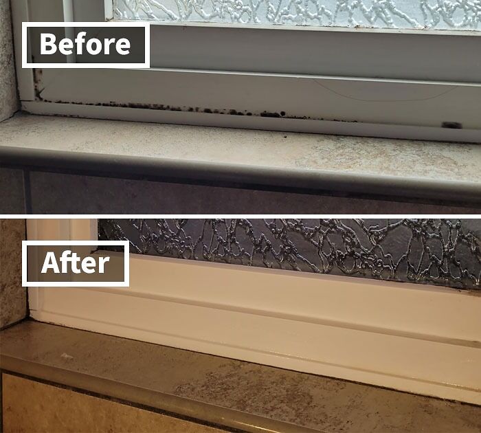 Before and after cleaning of a kitchen window sill showcasing one of the best kitchen finds people are obsessing over.