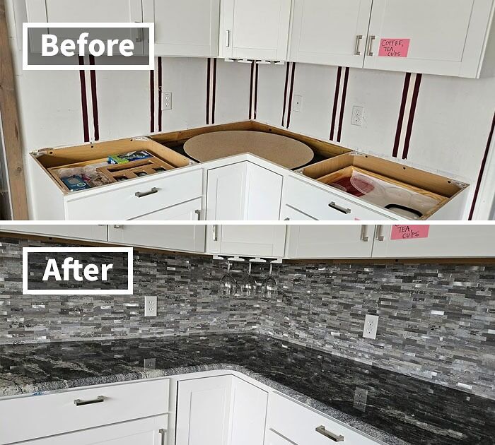 Before and after kitchen renovation showing new black granite countertops and gray tile backsplash, top kitchen finds people are obsessing over.