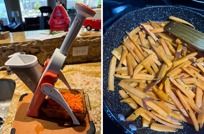 Kitchen tool slicing sweet potatoes and fries cooking in a pan, popular kitchen finds people are obsessing over