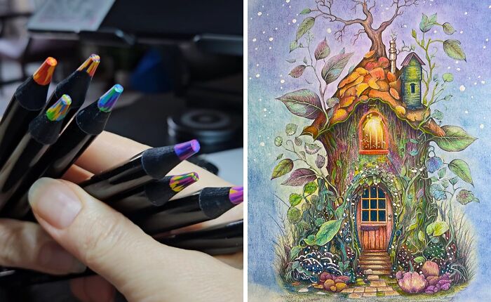 Hand holding colorful pencils next to a detailed fantasy house drawing, highlighting hobbies where trying your best matters.