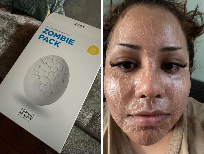 Zombie Pack face mask packaging next to a woman with a drying face mask, perfect for a summer glow up skincare routine.