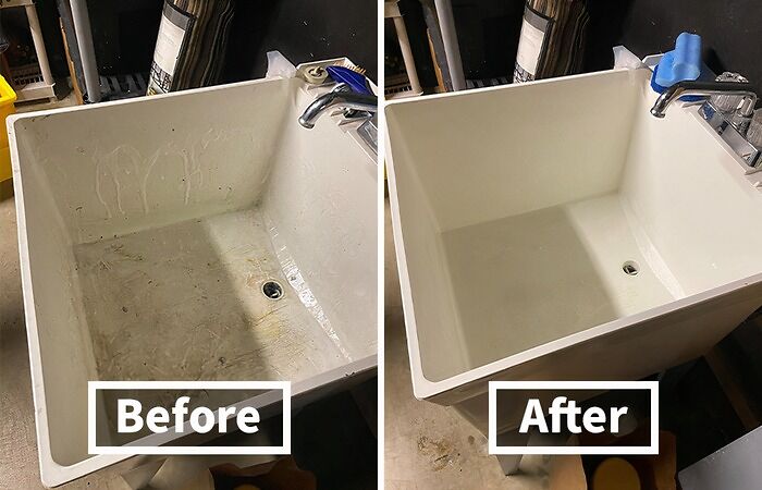 Before and after cleaning of a utility sink demonstrating effective problem-solvers for getting your life together solutions.