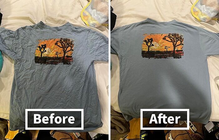 Wrinkled blue Joshua Tree t-shirt before and after using top problem-solvers to get your life together cheat sheet.