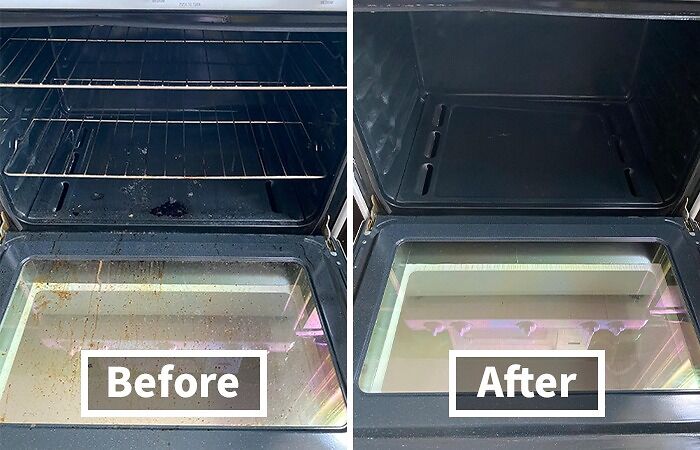 Before and after images of an oven showing top problem-solvers for cleaning and getting your life together efficiently.