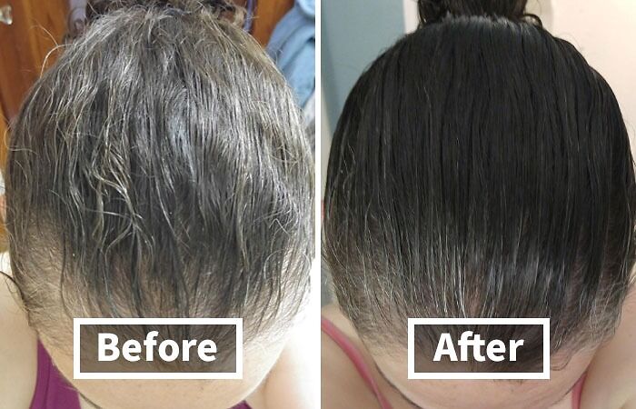 Before and after comparison of hair showing a summer glow up transformation with visibly darker, shinier, and healthier hair.