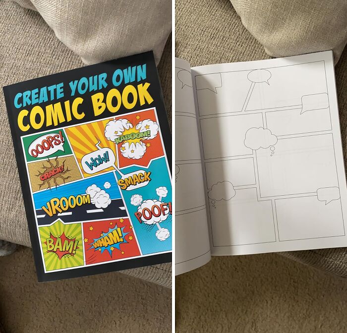 Comic book hobby book with colorful cover and blank comic panels for creating your own story at home.