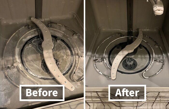 Dishwasher filter before and after cleaning, illustrating effective ways to ditch the slob life and maintain cleanliness.