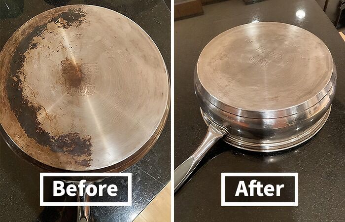 Before and after photo showing an easy home transformation of a stainless steel pan cleaning and restoration.