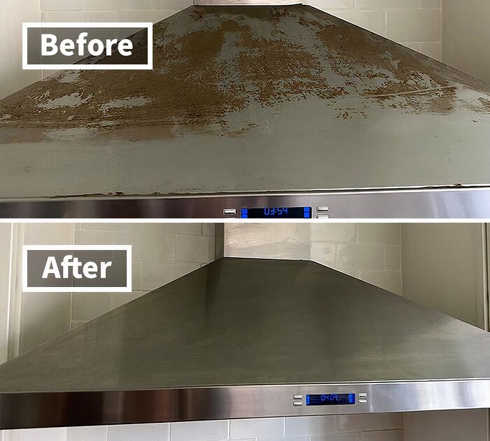 Before and after easy home transformation of a stainless steel kitchen hood showing impressive cleaning results.