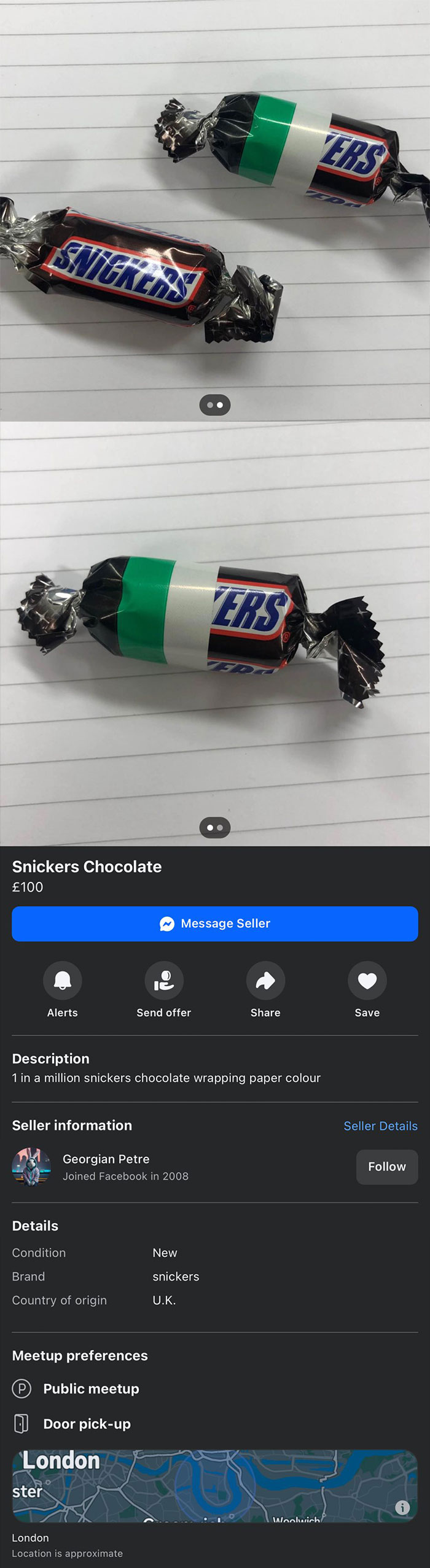 Three Snickers chocolates in unique wrapping for sale on Facebook Marketplace, a wildest things find.