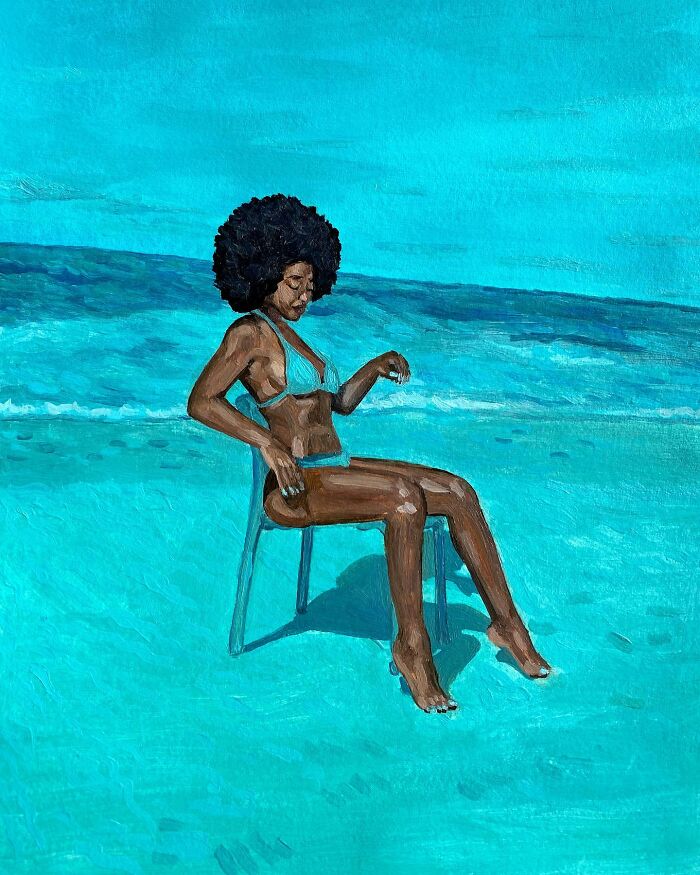 A painting showing a woman with an afro in a blue bikini sitting on a chair surrounded by vivid blue colors and space.