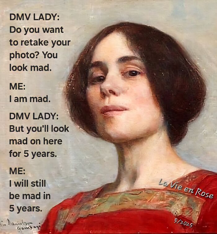 Classical art meme showing a painted woman with a humorous DMV photo retake conversation.