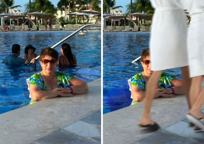 Woman in pool with sunglasses edited humorously in Photoshop as person walks in front blocking view, showcasing hilarious Photoshop edits.
