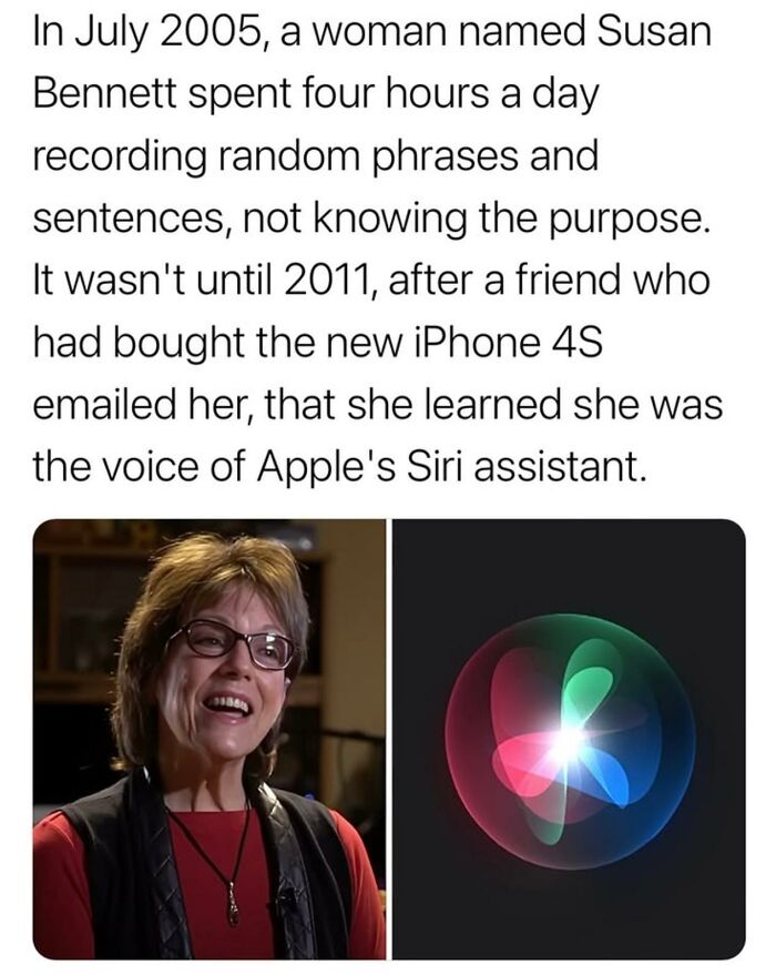 Woman who unknowingly became the voice of Apple's Siri assistant with secret facts about her story and recording process.