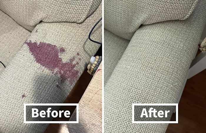 Before and after easy home transformation showing a couch armrest cleaned from a large purple stain.