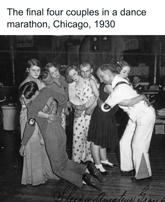 Final four couples in a 1930 Chicago dance marathon, showing monumental life moments frozen in time.