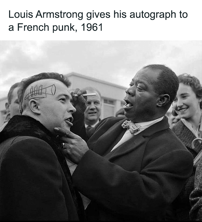 Louis Armstrong signing autograph for French punk with trumpet shaved design, a monumental life moment in history.