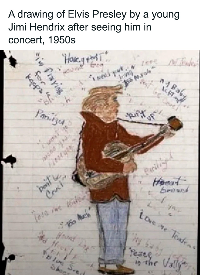 Hand-drawn sketch of Elvis Presley with guitar, capturing a monumental life moment frozen in time from the 1950s.