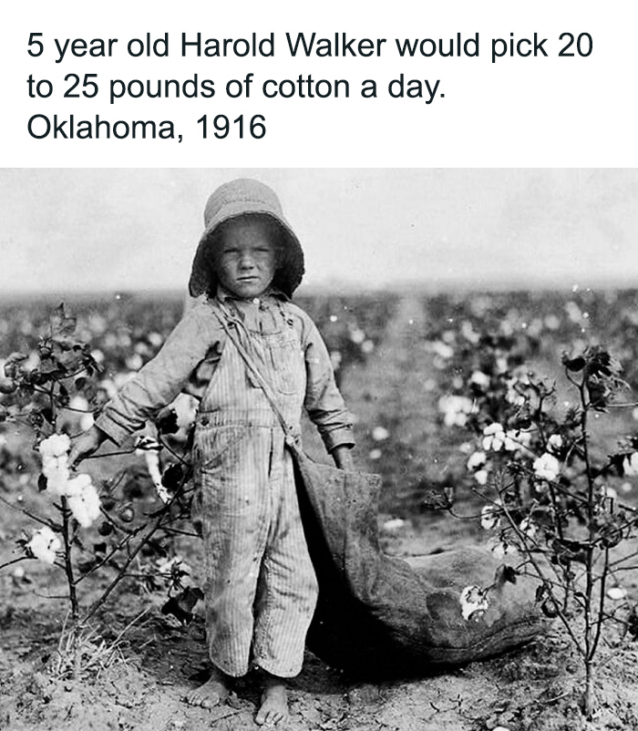 Young boy picking cotton barefoot in Oklahoma 1916, a monumental life moment frozen in time in history.
