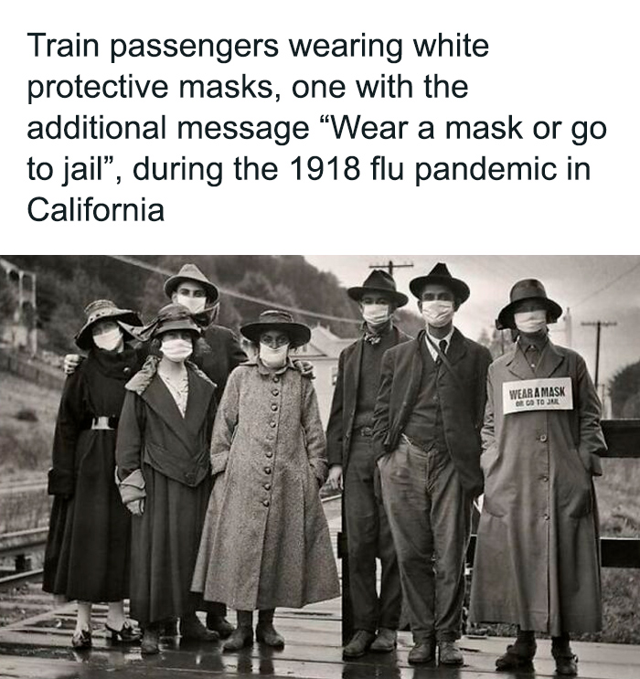 Train passengers wearing protective masks during the 1918 flu pandemic, representing monumental life moments frozen in time.