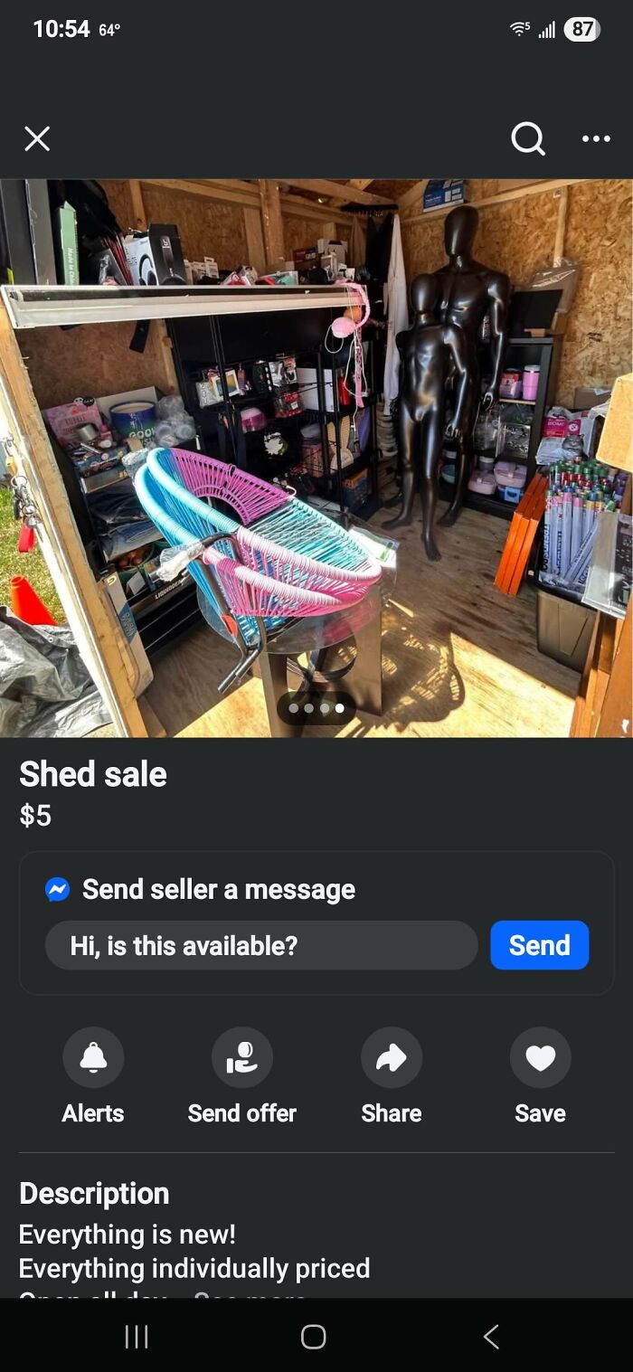 Interior of a shed sale with colorful chairs, black mannequins, and various items for sale on Facebook Marketplace.