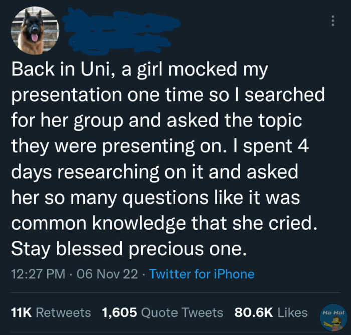 Tweet showing a story about mocking posts with a clever comeback after being mocked on a university presentation.