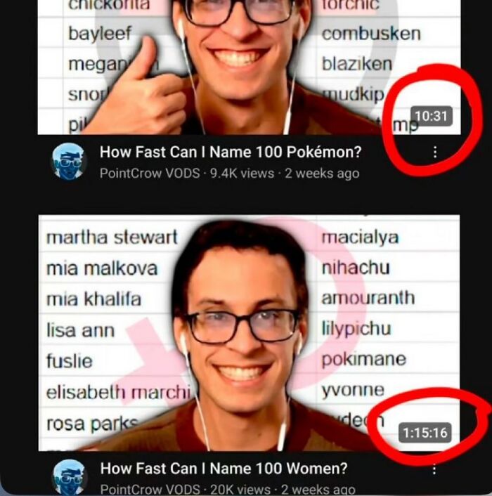 Smiling man with glasses and earbuds in chaotic meme-style YouTube video thumbnails featuring text lists and red circles.