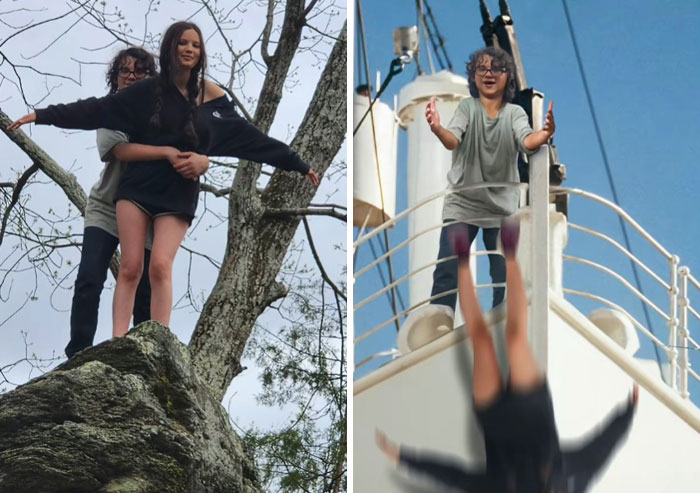 Two humorous photoshopped images showing literal photo requests, including a couple mimicking Titanic pose on a rock and a person falling off a ship.