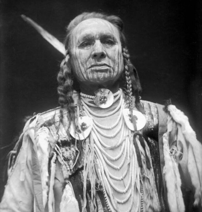 Native American man in traditional attire with face paint and braided hair in a powerful historic portrait.