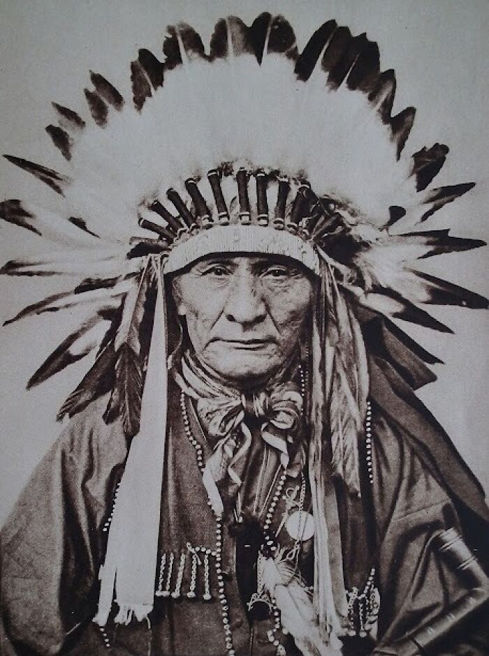 Native American man wearing traditional feathered headdress and beaded clothing in a powerful historic portrait.