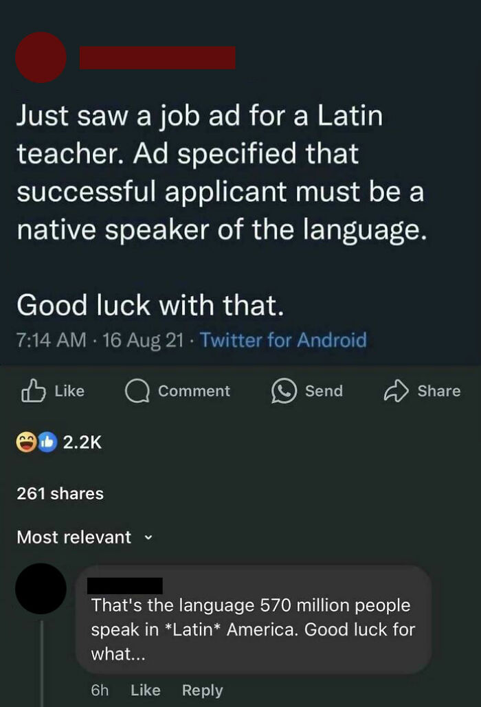 Screenshot of a social media post highlighting ignorance about Latin language and Americans' misunderstanding.