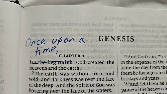 Book page with handwritten "Once upon a time" above printed text, a wholesome vandal example improving the street reading experience.