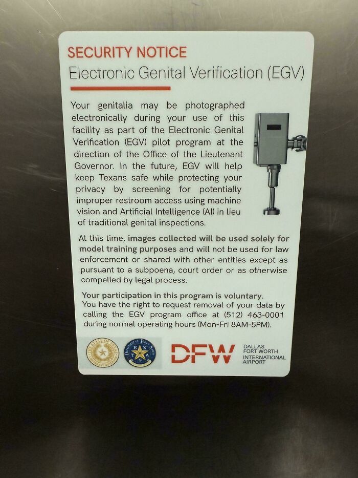 Security notice sign about Electronic Genital Verification at Dallas Fort Worth airport restroom facility.