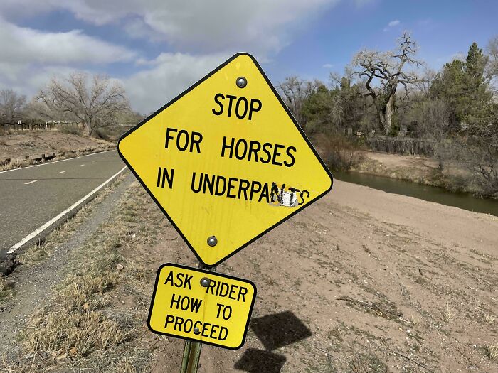 Humorous street sign altered by wholesome vandals reads stop for horses in underpants near a rural road.
