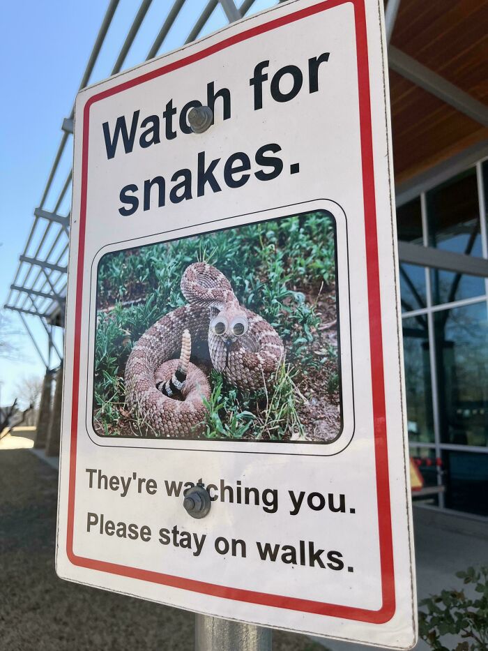 Street sign warning to watch for snakes with added googly eyes as wholesome vandalism enhancing the streetscape.