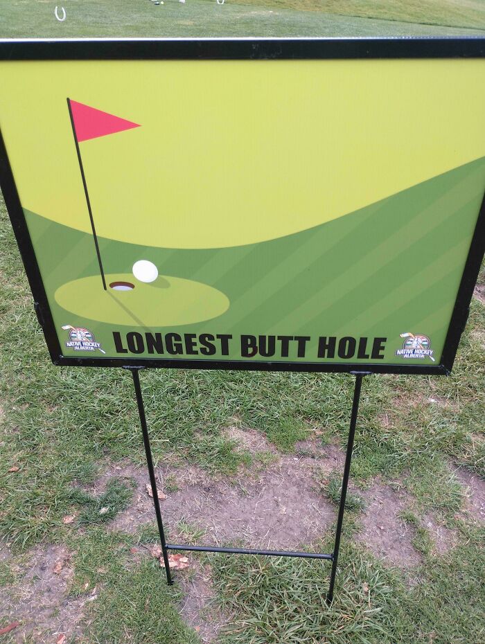 Humorous street sign with a golf theme reading longest b**t hole, showcasing wholesome vandalism making streets better.