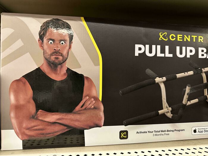 Muscular man with altered eyes next to a pull-up bar promoting wholesome vandals improving streets creatively.
