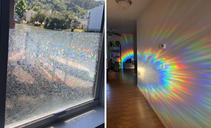 Frosted window with sunlight creating vibrant rainbow patterns on a home wall, enhancing a happy place atmosphere.