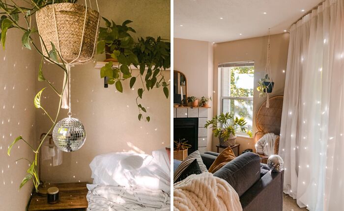 Cozy home decor with plants and soft lighting creating a happy place atmosphere for relaxation and comfort.