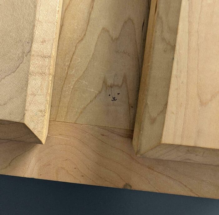 Small wholesome vandalism drawing of a cat face on a wooden surface brightening the street environment.