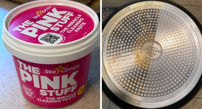 Container of The Pink Stuff cleaning paste next to a clean cookware base, showcasing kitchen gadgets to upgrade your kitchen IQ.