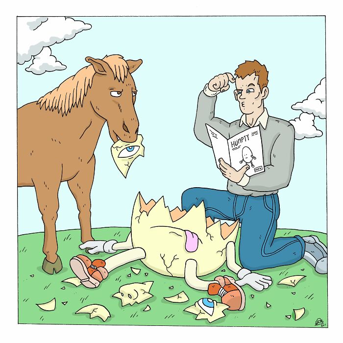 Man reading comic next to broken egg character and horse holding a c*****d eggshell in hilarious talking bugs comic.
