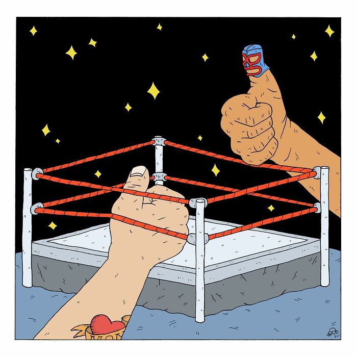Illustration of a comic wrestling ring with two thumbs, one wearing a mask, in a style blending talking bugs and existential dread.