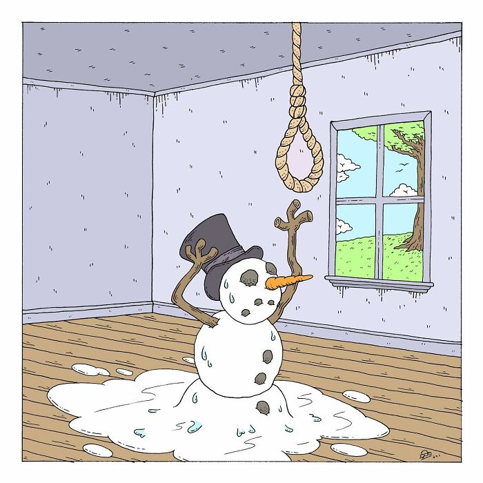 Melting snowman comic showing existential dread in a humorous talking bugs and comics style artwork.