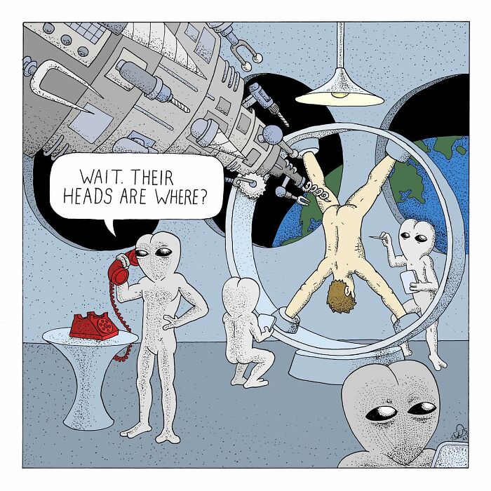 Comic panel showing talking bugs interacting with a human, highlighting themes of existential dread and humor in an alien setting.