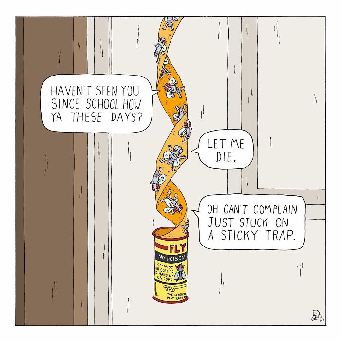Comic panel showing talking bugs caught on a sticky trap, combining humor and existential dread in an artist’s work.