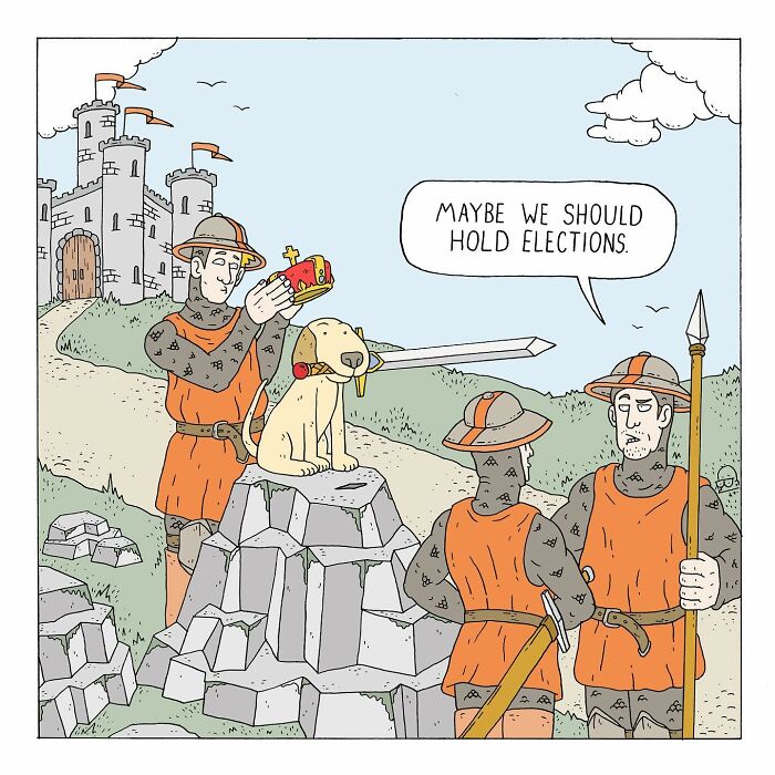 Medieval knights with a dog wearing a crown in a comic scene blending talking bugs and existential dread humor.
