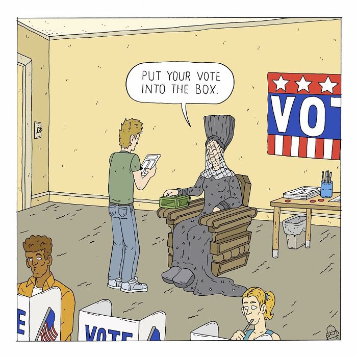 Comic showing a voter at a polling station with a hooded figure telling him to put his vote into the box in a darkly humorous style.