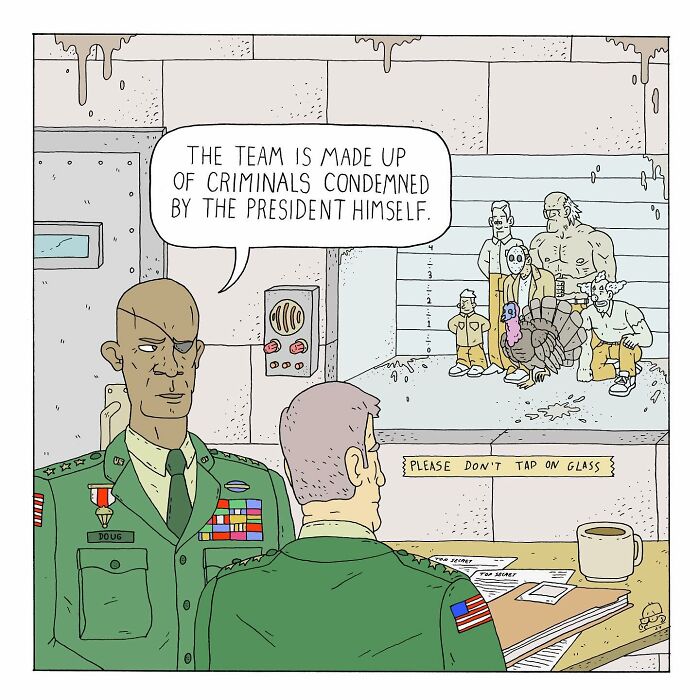 Comic panel showing talking bugs and criminals in a cell, blending humor and existential dread in an artist’s unique style.