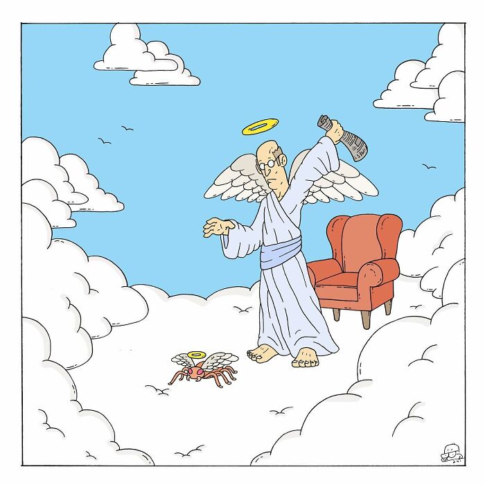 Cartoon angel in clouds about to hit a spider with a bottle, illustrating comics where talking bugs and existential dread collide.
